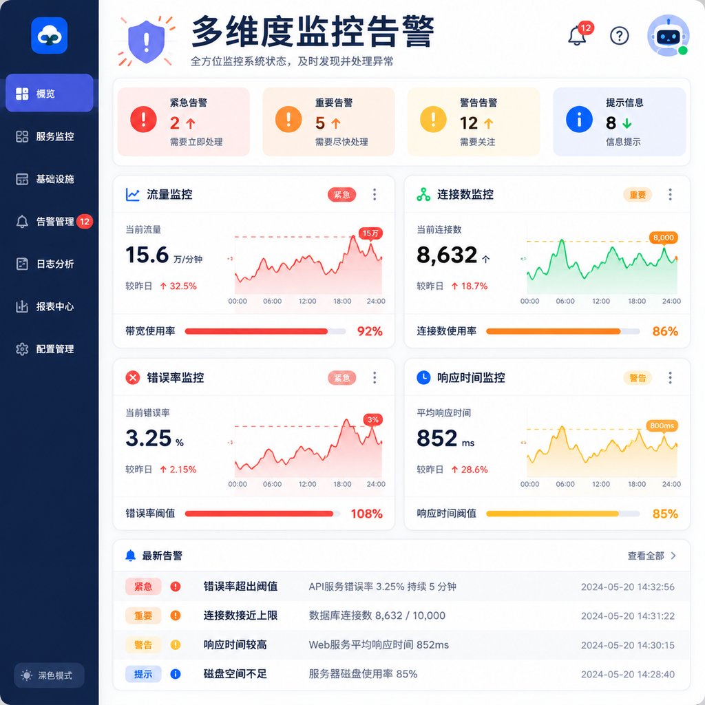 监控界面显示连接数错误率与响应时间告警 监控界面显示连接数错误率与响应时间告警