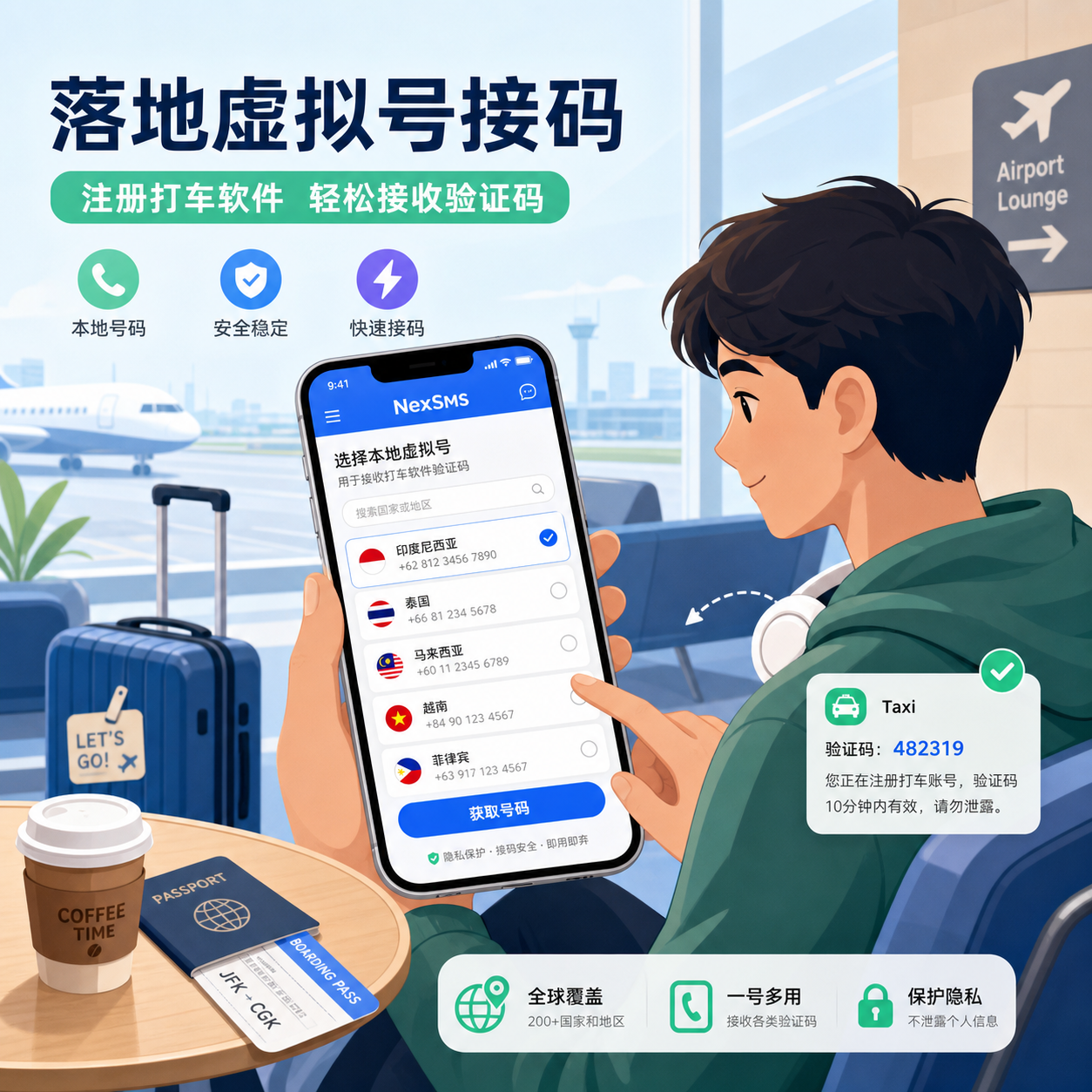 机场休息室用虚拟号接打车码