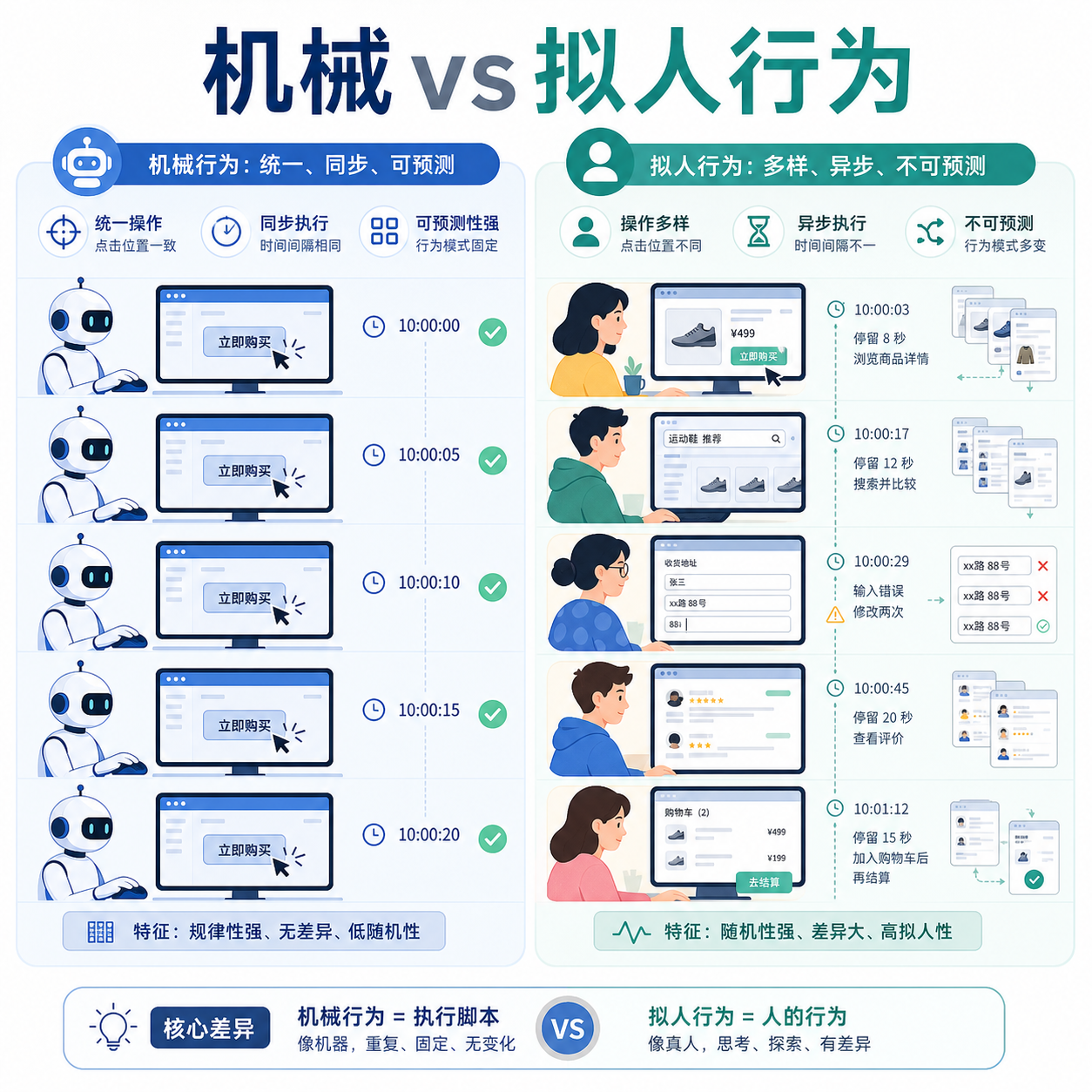 矩阵账号机械行为与拟人操作对比 矩阵账号机械行为与拟人操作对比