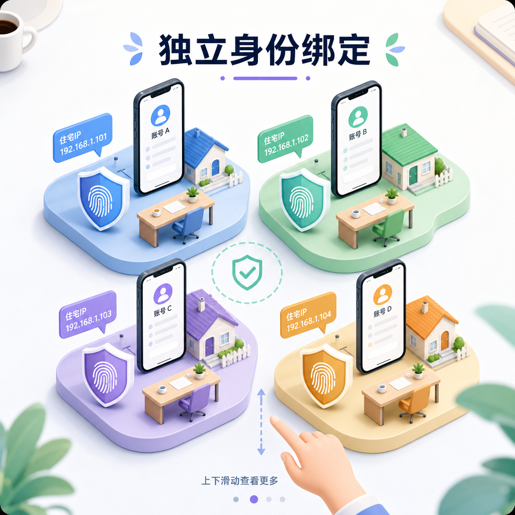 Multi-account residential IP independent identity binding farming