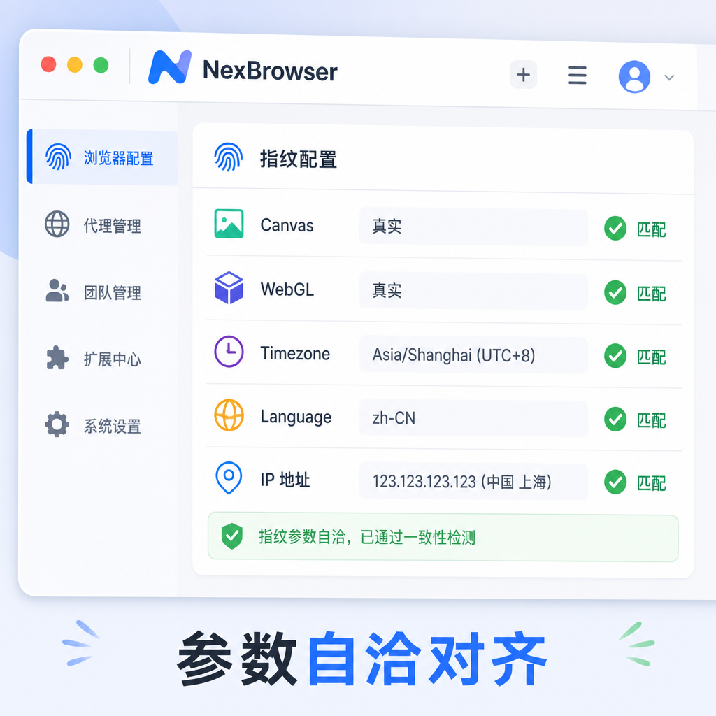 NexBrowser指纹参数与IP匹配界面