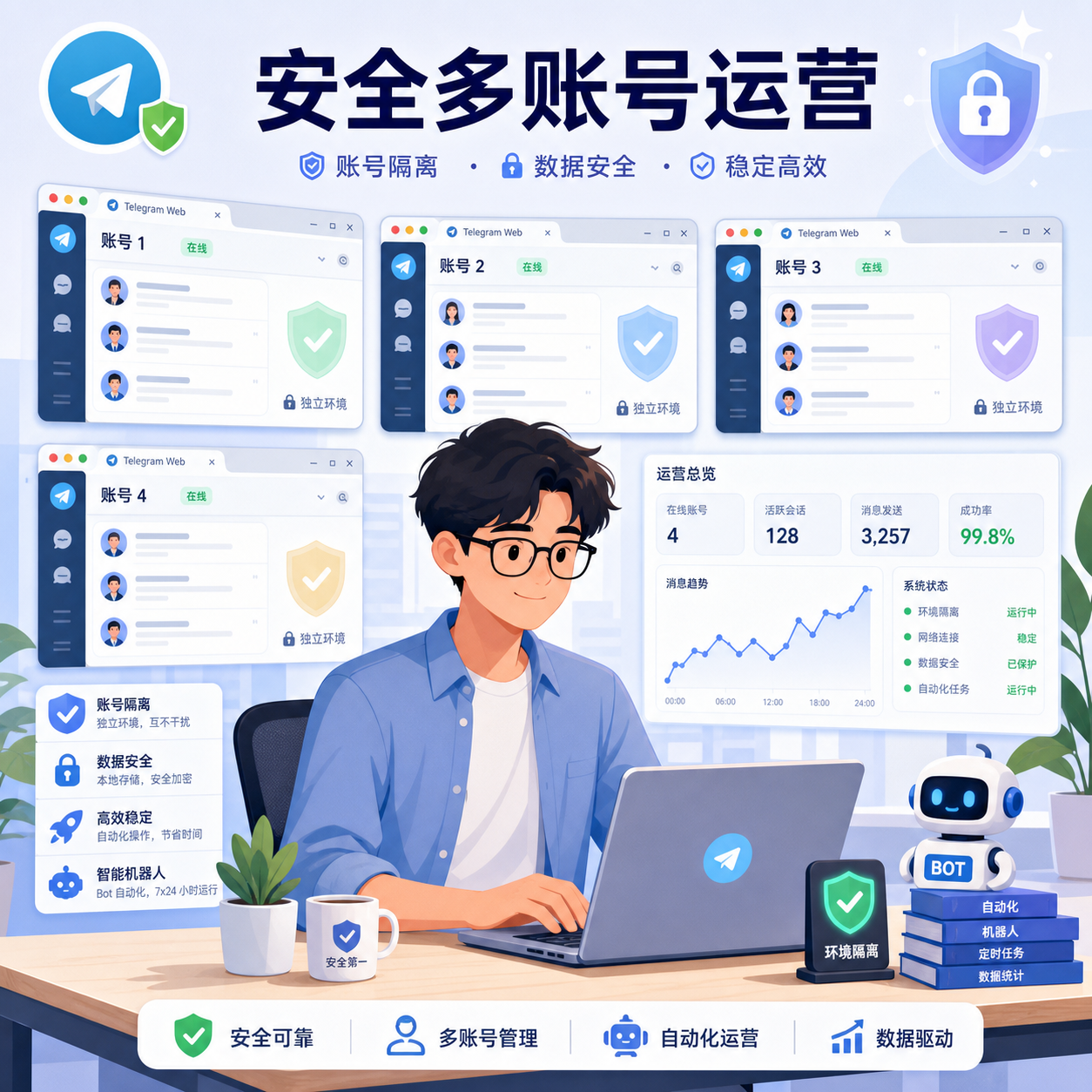 办公桌前安全多账号运营Telegram