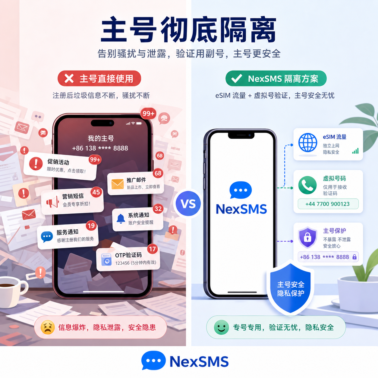eSIM虚拟号左右对比隔离主号 eSIM虚拟号左右对比隔离主号