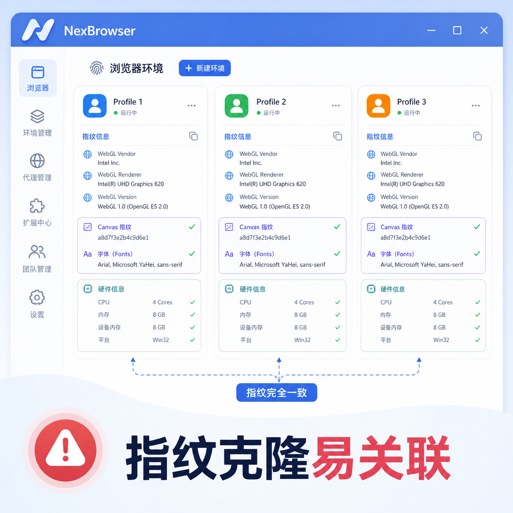 NexBrowser界面多账号指纹克隆风险 NexBrowser界面多账号指纹克隆风险