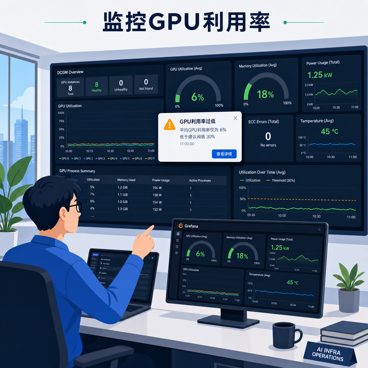 工程师查看GPU利用率监控告警