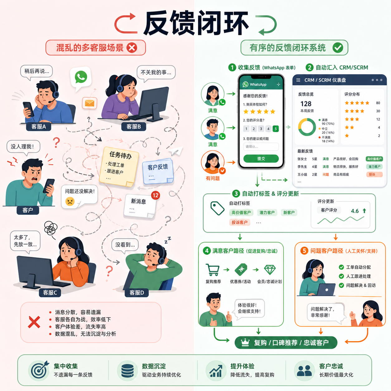 左右对比Agent有无客户反馈闭环 左右对比Agent有无客户反馈闭环