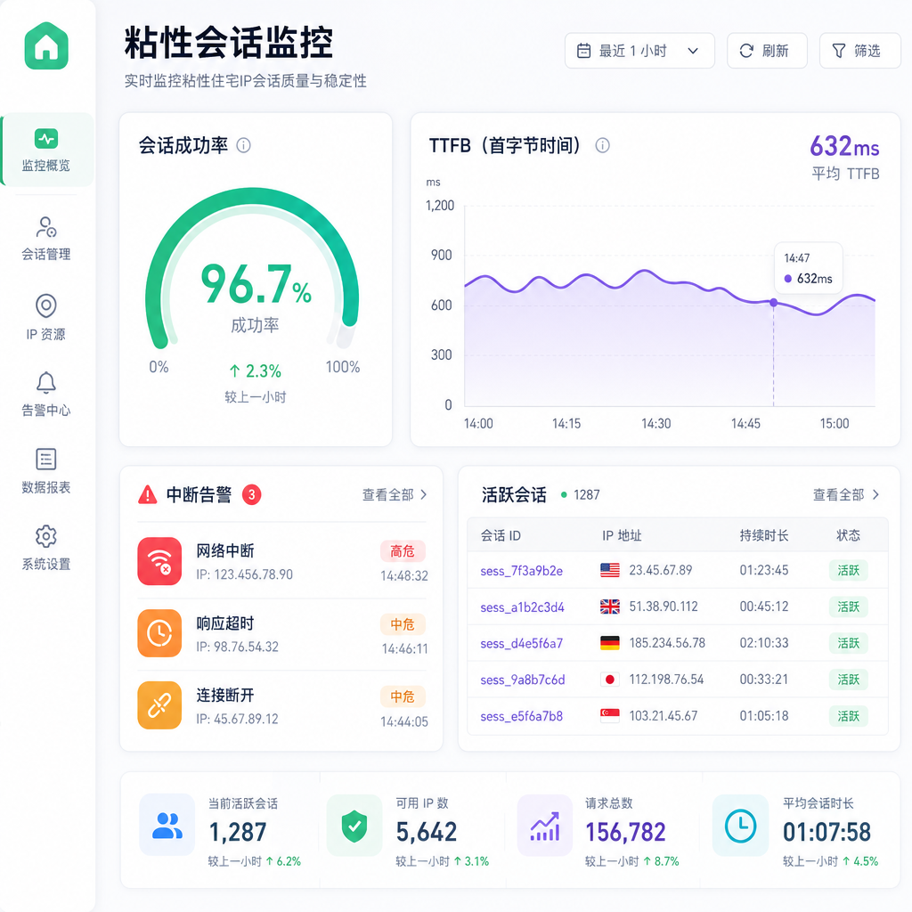 粘性会话成功率与中断率监控界面