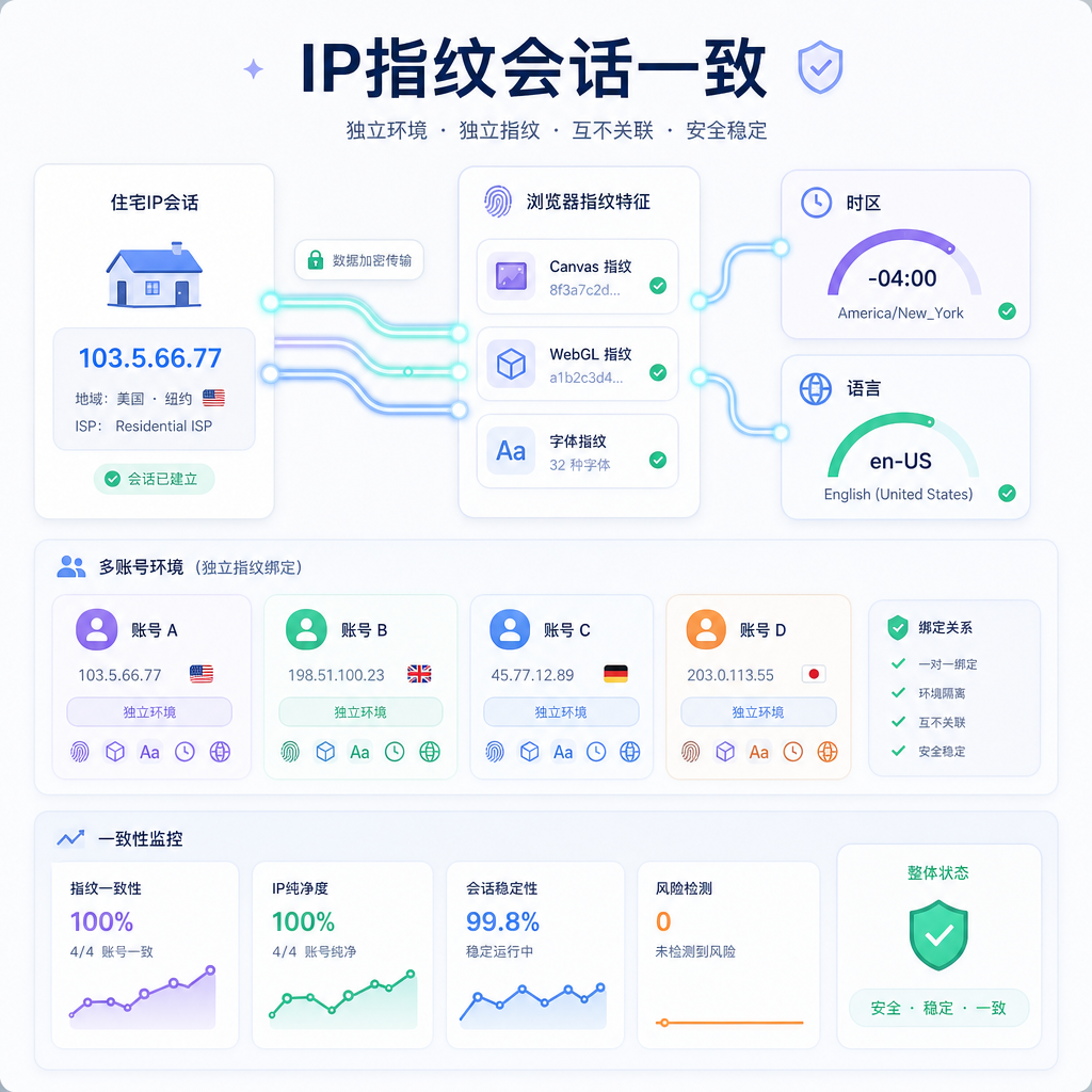 住宅IP绑定指纹会话仪表盘