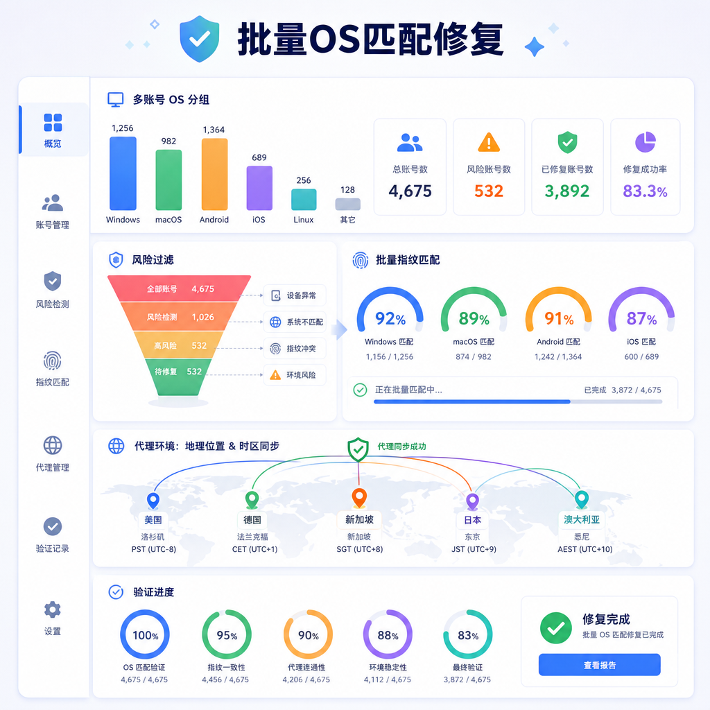 多账号OS批量匹配修复仪表盘