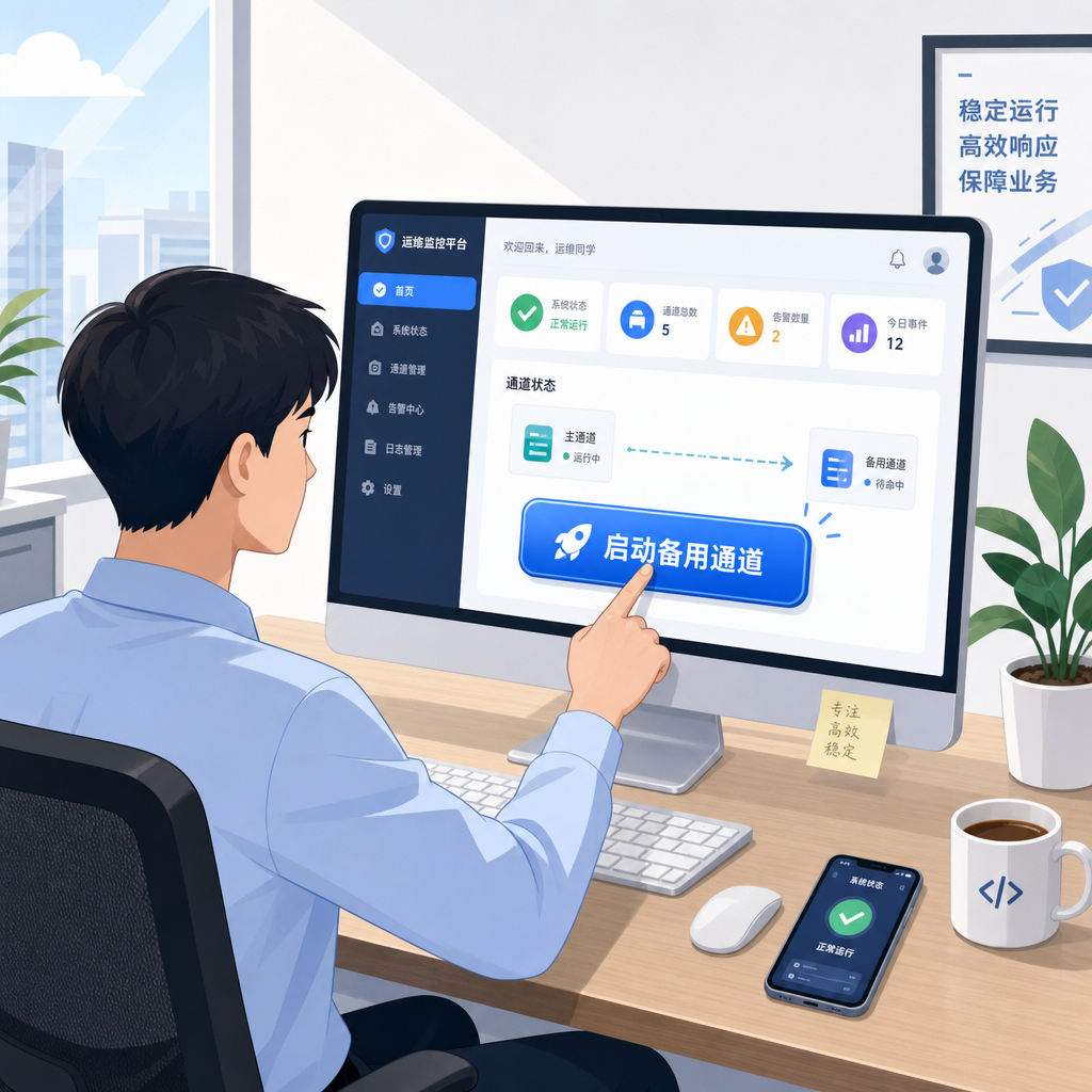 运营人员在电脑上快速切换至备用引流通道。