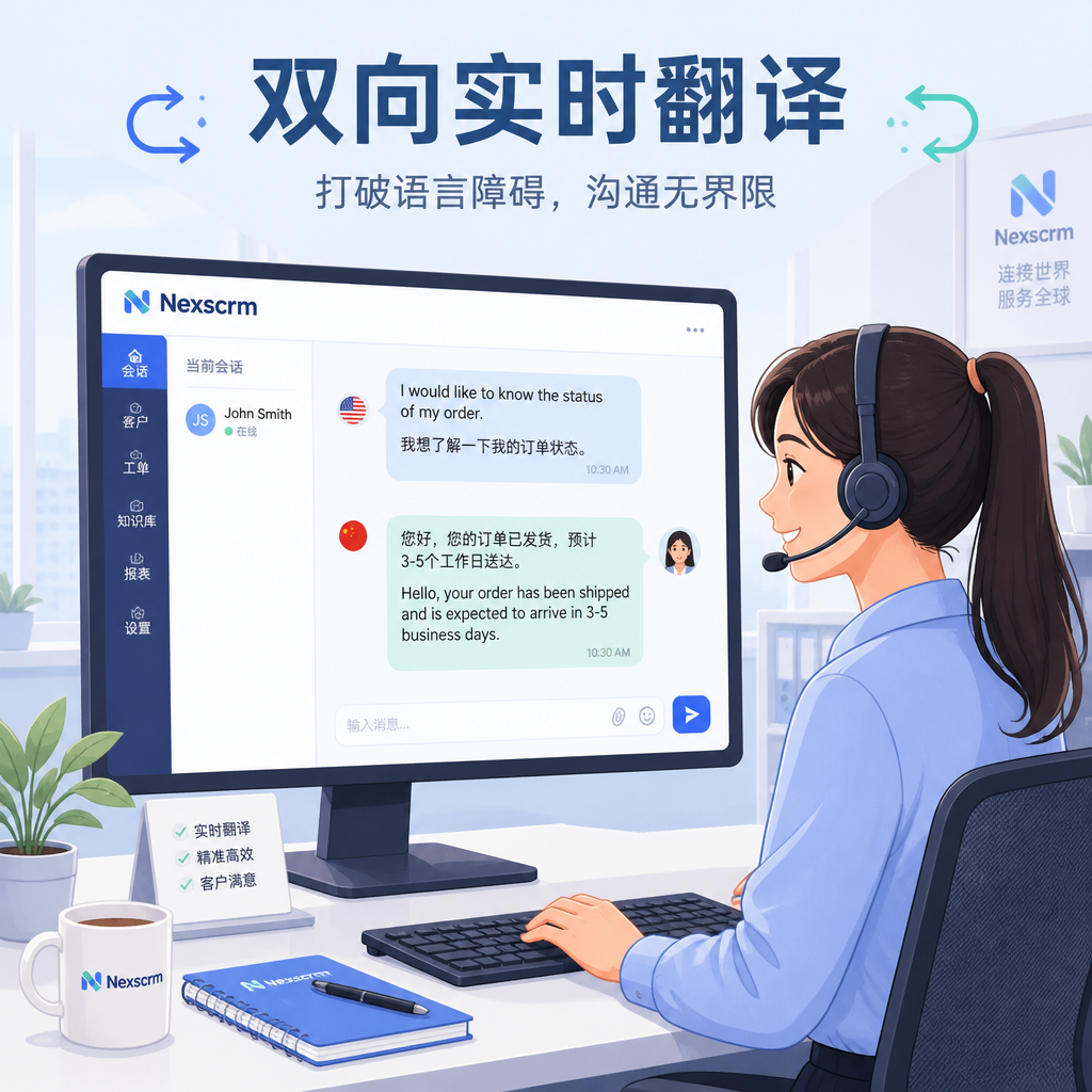 客服人员在电脑前实时处理多语种客户咨询