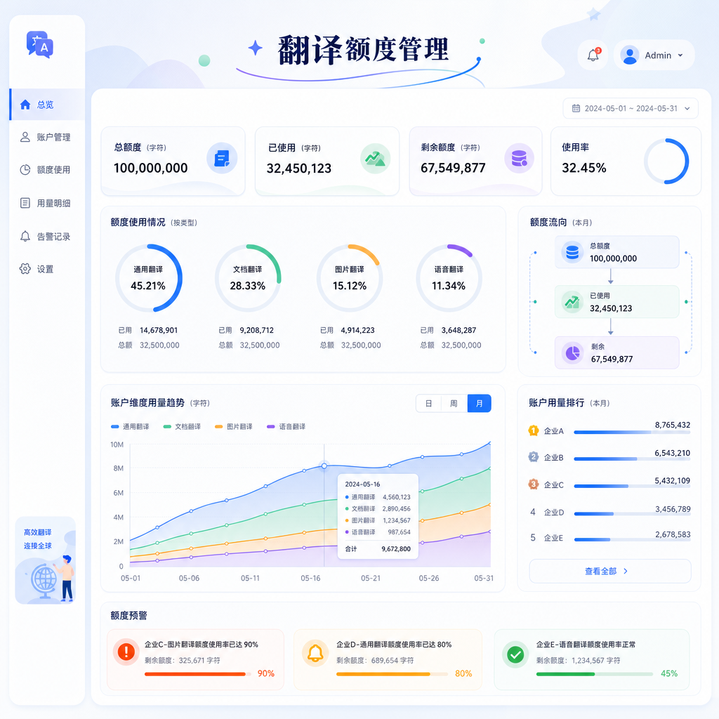 系统实时监控并管理各客服账号的翻译额度