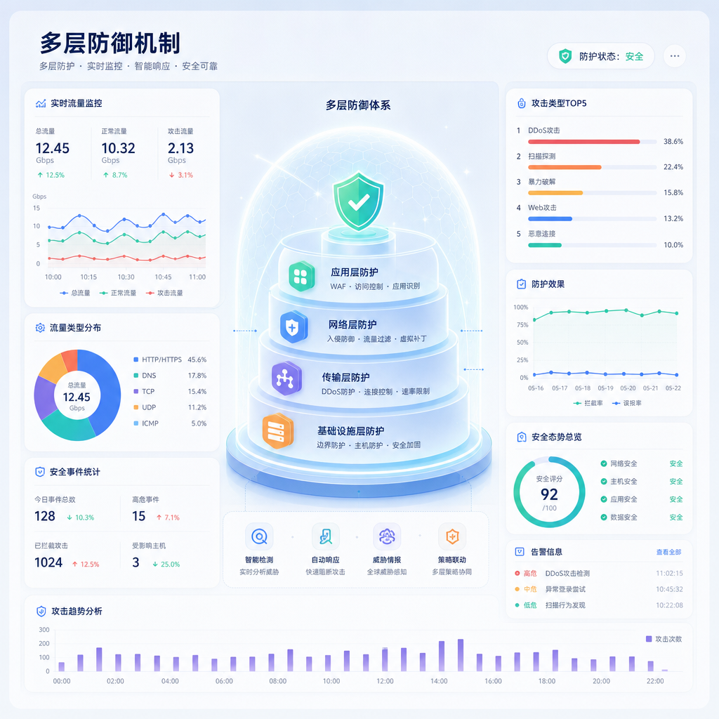 多层防御机制通过边缘节点清洗异常流量。