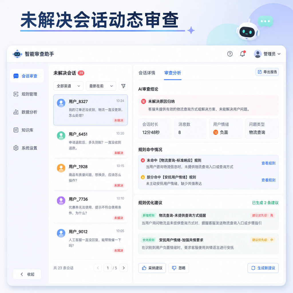 系统自动分析未解决会话并生成规则优化建议。