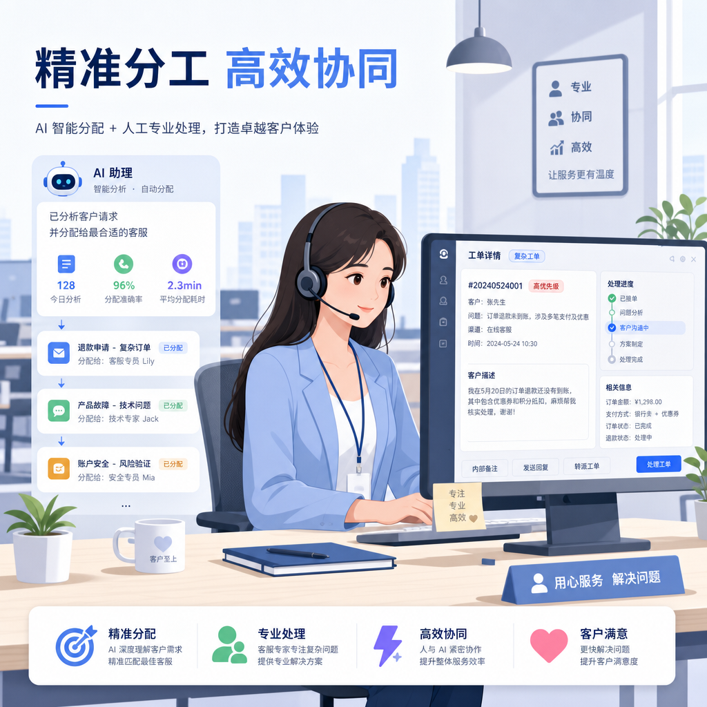 人工客服在工作台前处理智能体分流的工单 人工客服在工作台前处理智能体分流的工单
