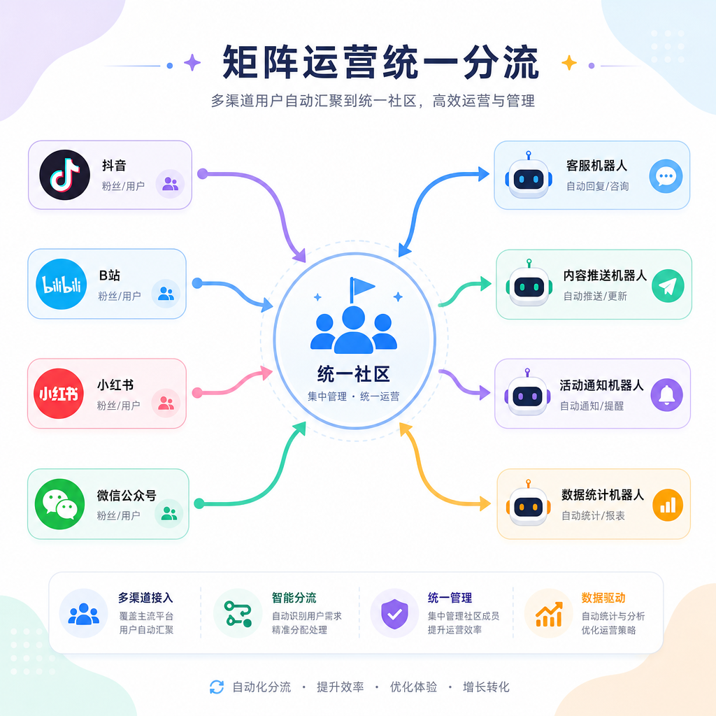 频道与机器人收拢至统一社区进行高效分流。 频道与机器人收拢至统一社区进行高效分流。