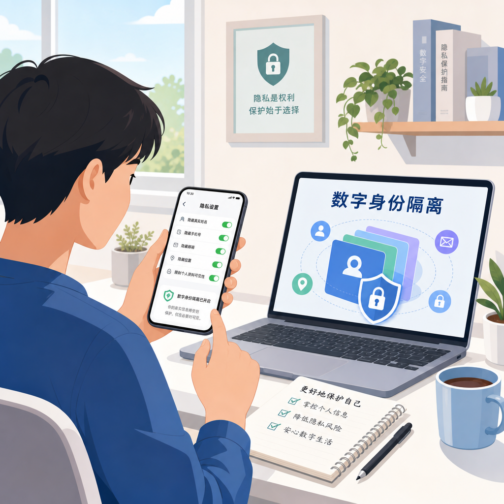 用户在工作台前操作手机设置账号安全防护。