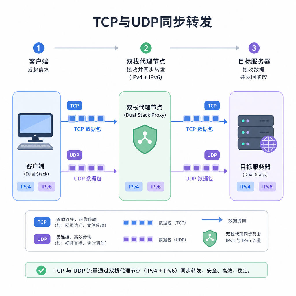 网络流量经由双栈节点安全转发至目标服务端 网络流量经由双栈节点安全转发至目标服务端