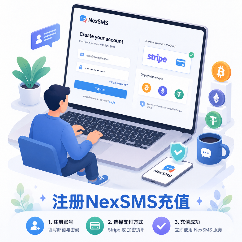 邮箱注册NexSMS账号并Stripe充值 邮箱注册NexSMS账号并Stripe充值