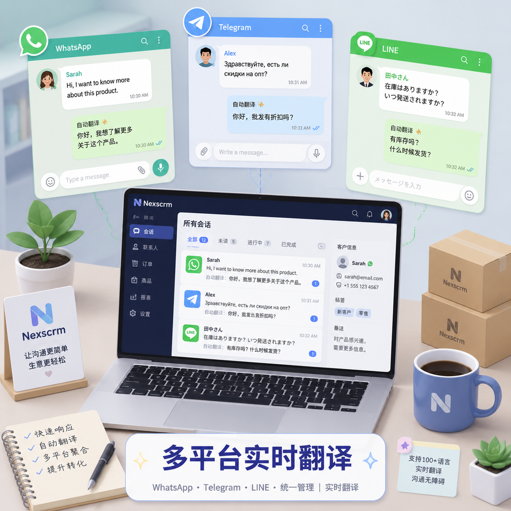 多平台SCRM界面自动翻译WhatsApp Telegram消息 多平台SCRM界面自动翻译WhatsApp Telegram消息