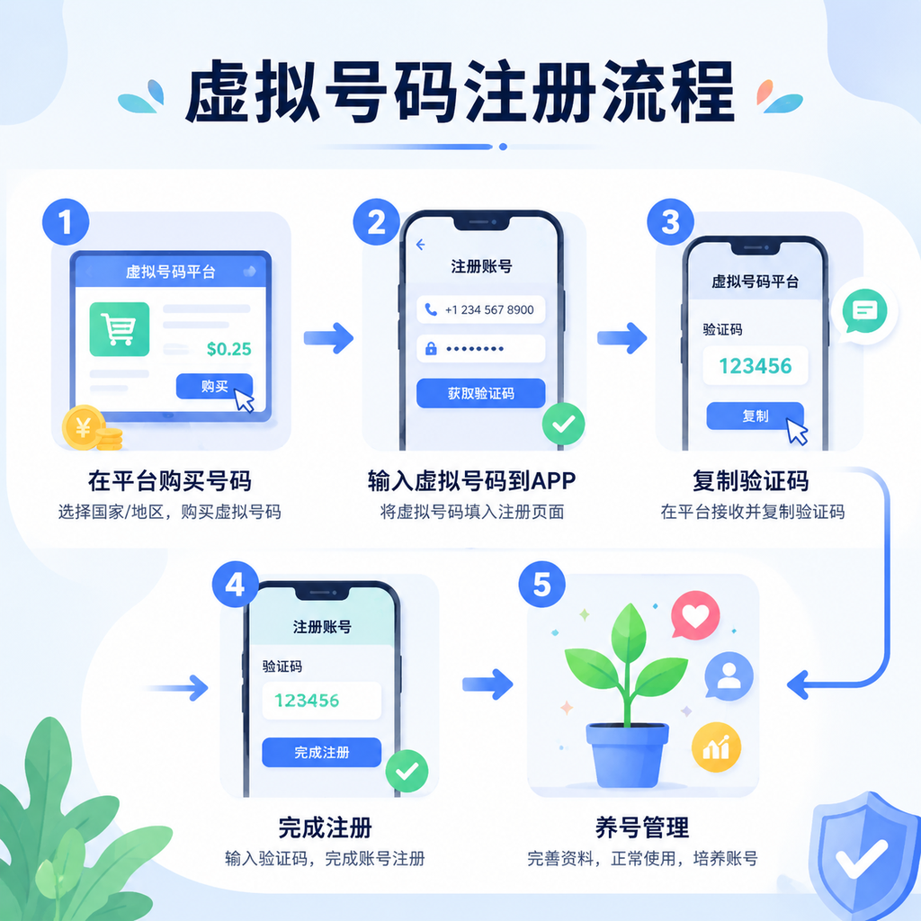 虚拟号码多账号注册流程节点箭头展示