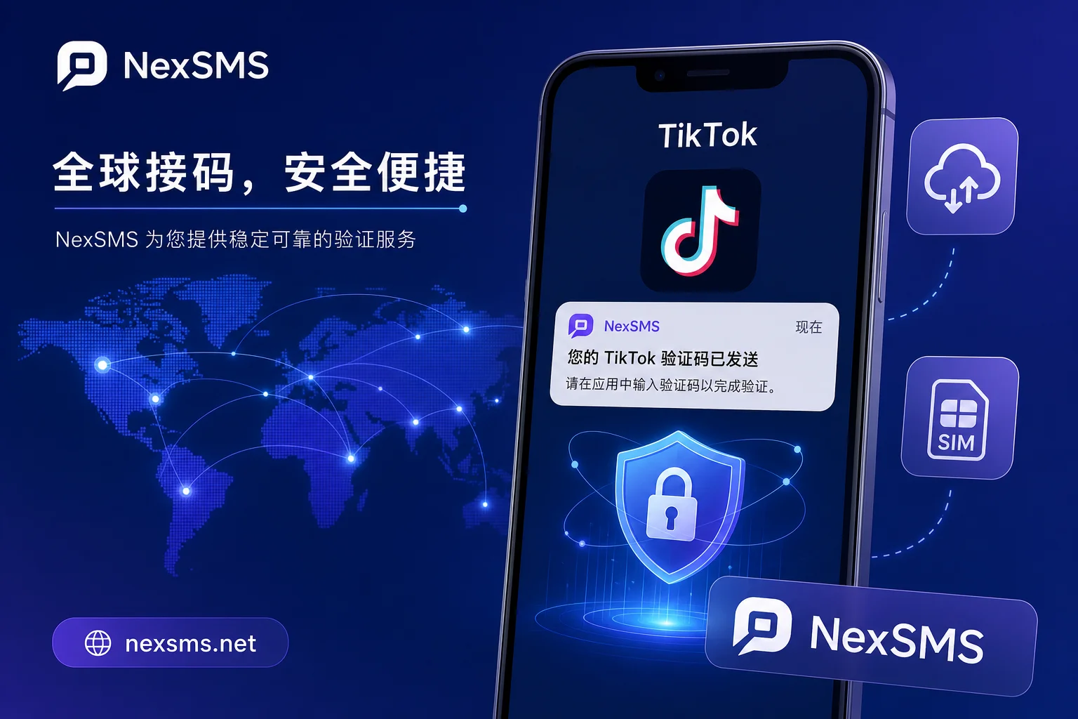TikTok手机验证码与全球号码选择概念图