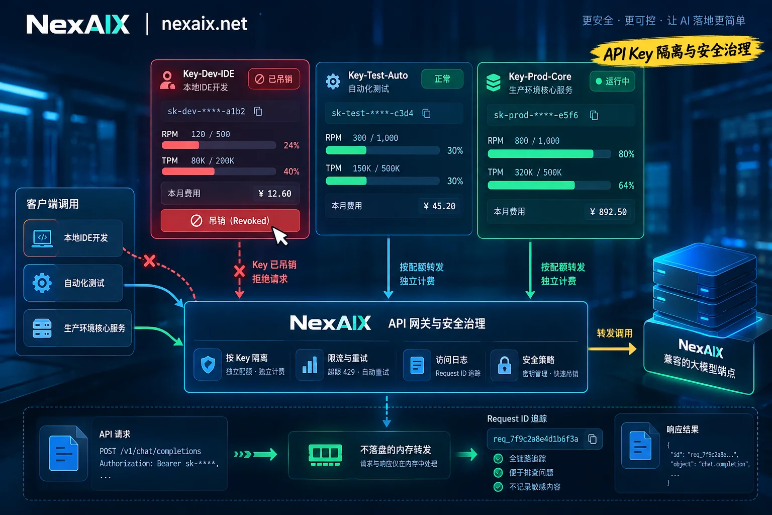 NexAIX 按 Key 独立配额、独立账单与单独吊销的安全隔离机制