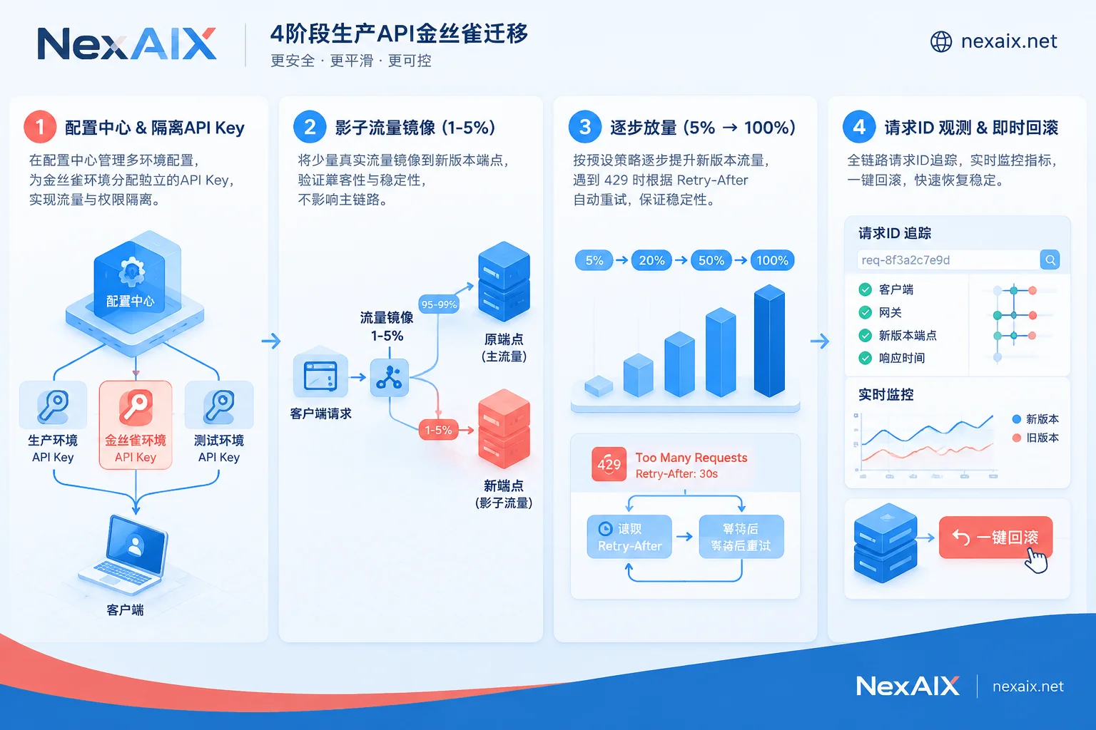 Four-step production OpenAI API migration gray switching and rollback flowchart Four-step production OpenAI API migration gray switching and rollback flowchart