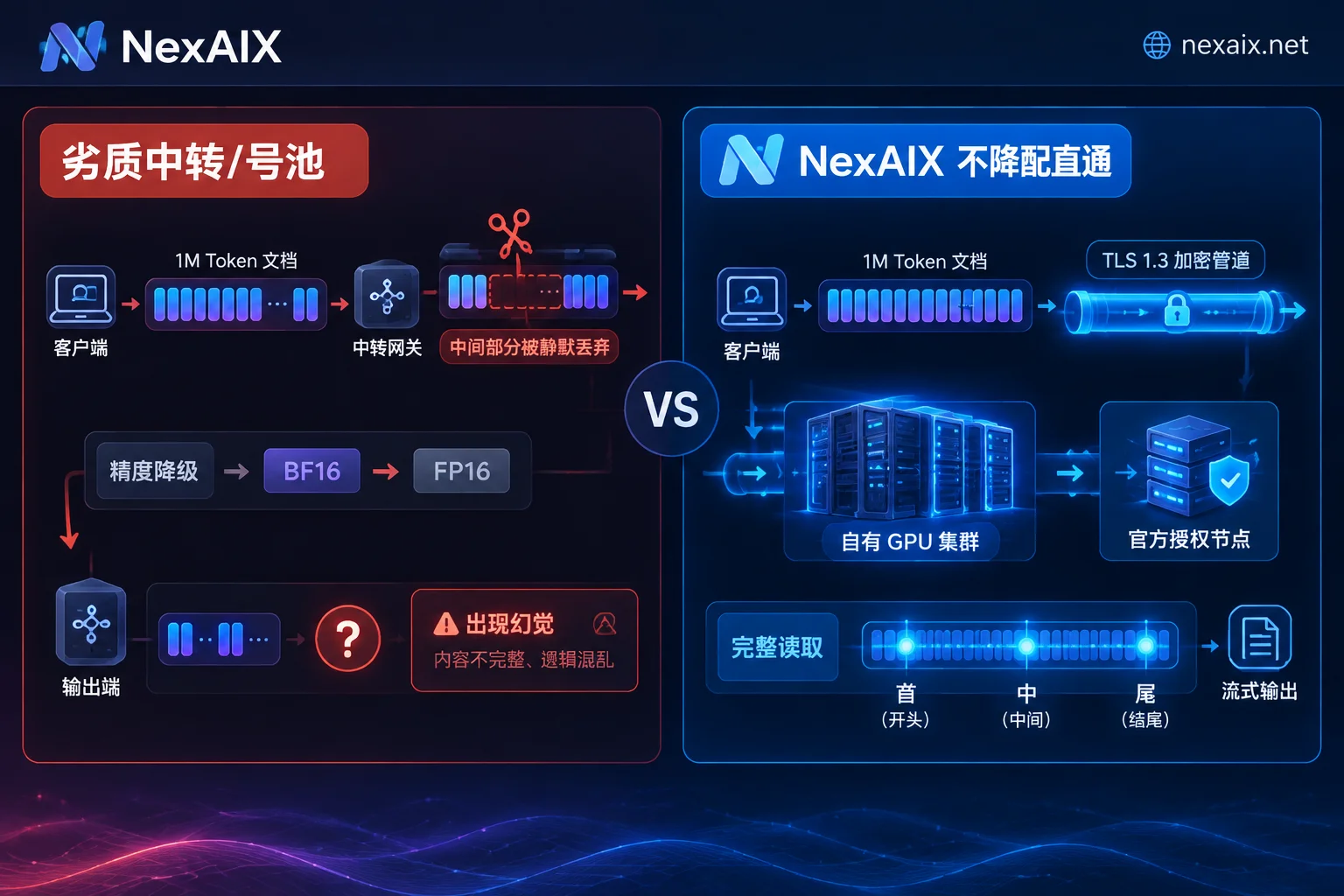 Comparison diagram of long-context API silent truncation/downgrading vs. NexAIX full transparent passthrough Comparison diagram of long-context API silent truncation/downgrading vs. NexAIX full transparent passthrough