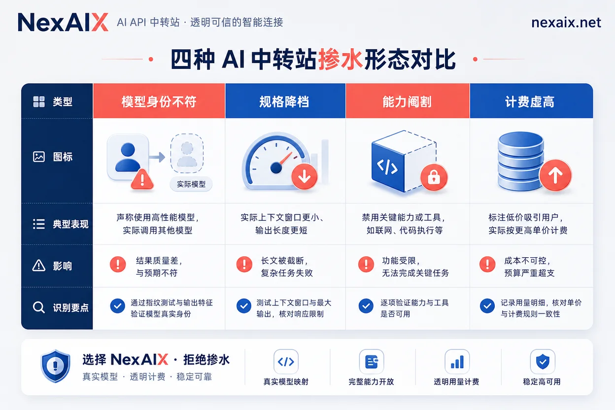 四种AI中转站掺水形态的对比矩阵 四种AI中转站掺水形态的对比矩阵
