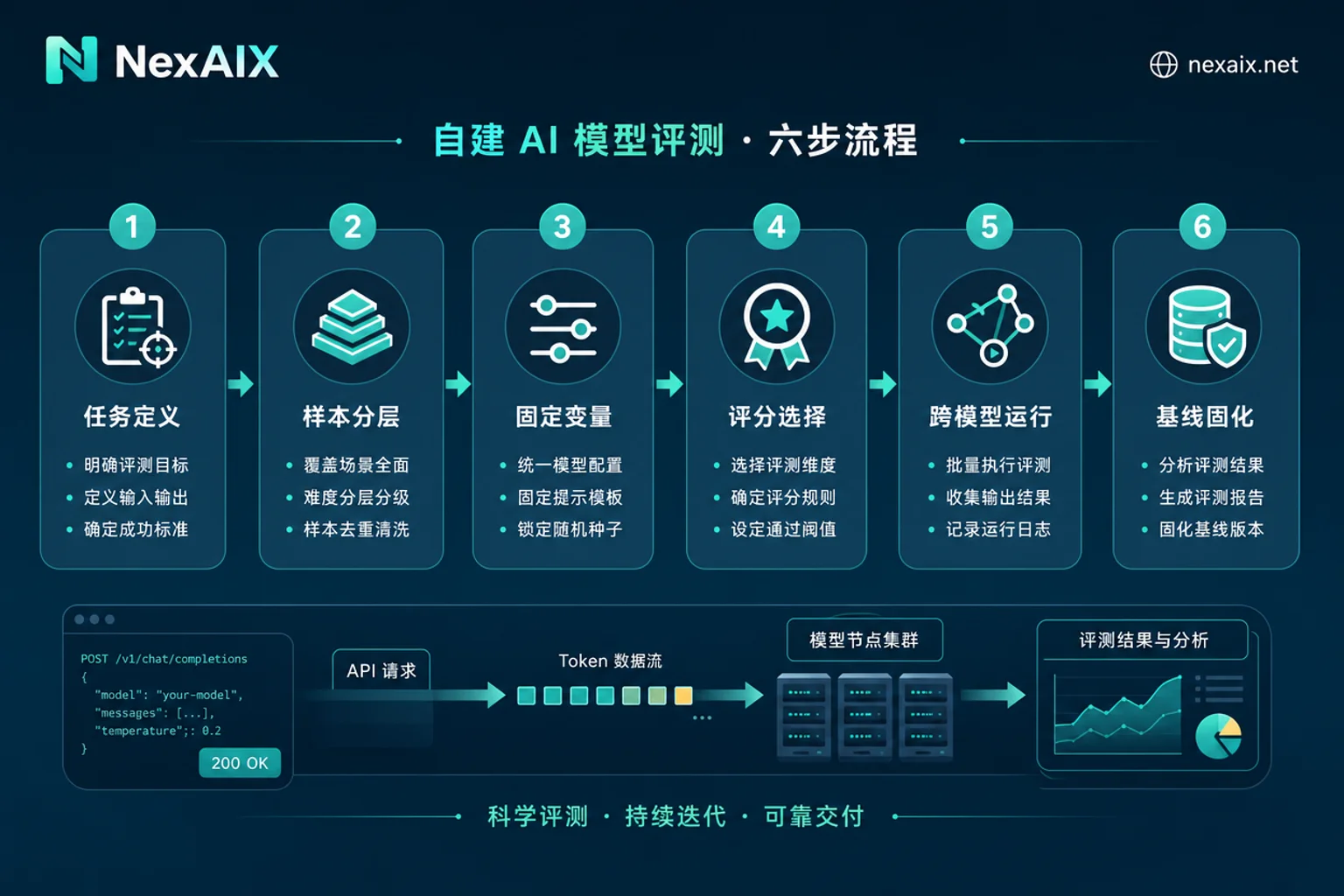 自建AI模型评测六步流程与变量控制点示意图 自建AI模型评测六步流程与变量控制点示意图