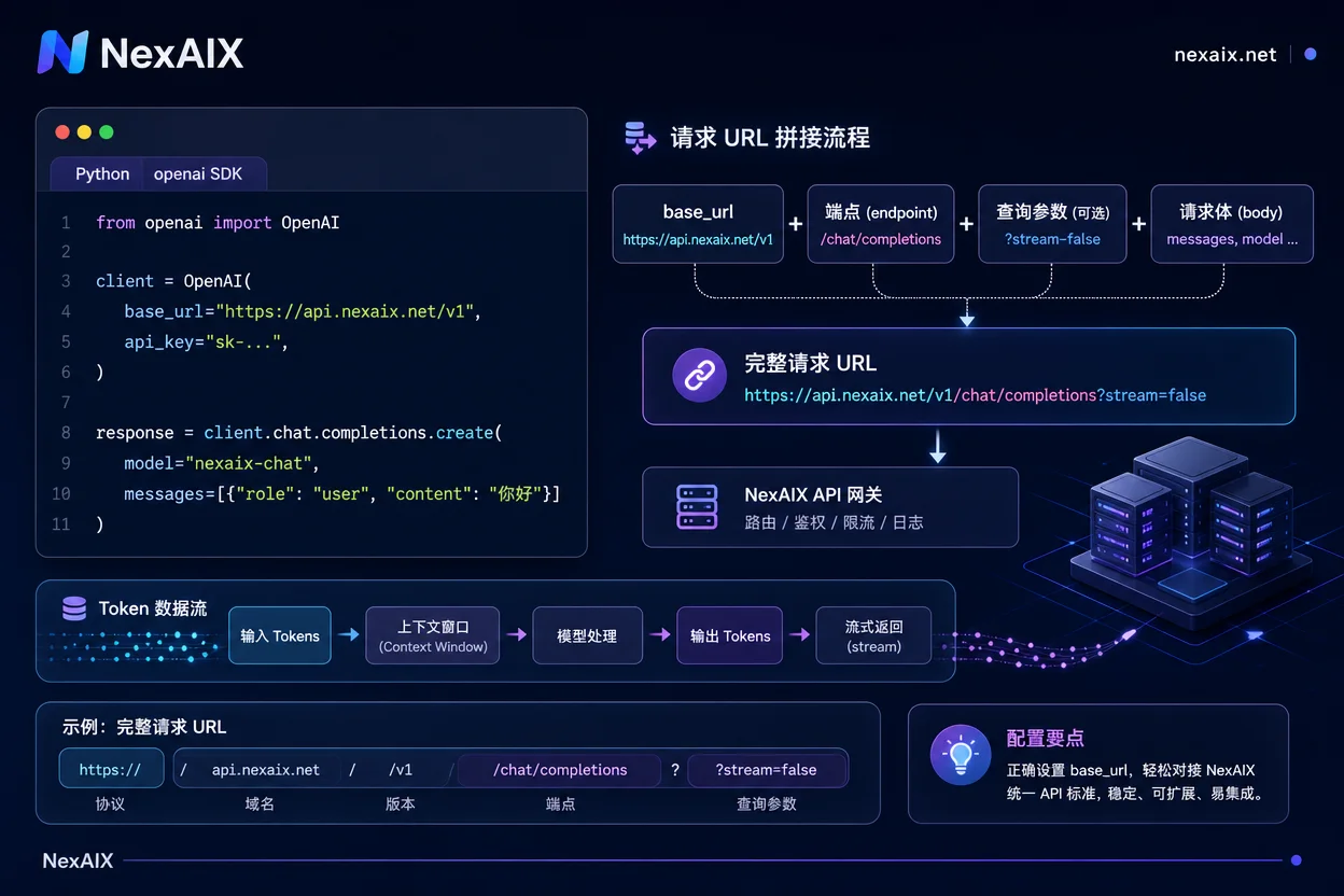 OpenAI base_url 配置与请求路径拼接示意图