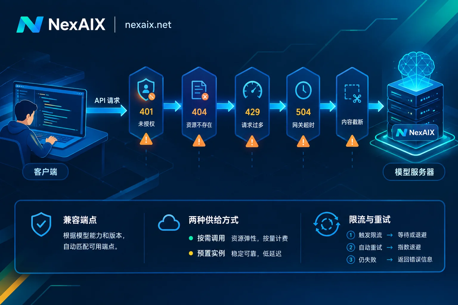 AI API 请求逐层经过认证、路径、限流、超时、截断检查的示意图