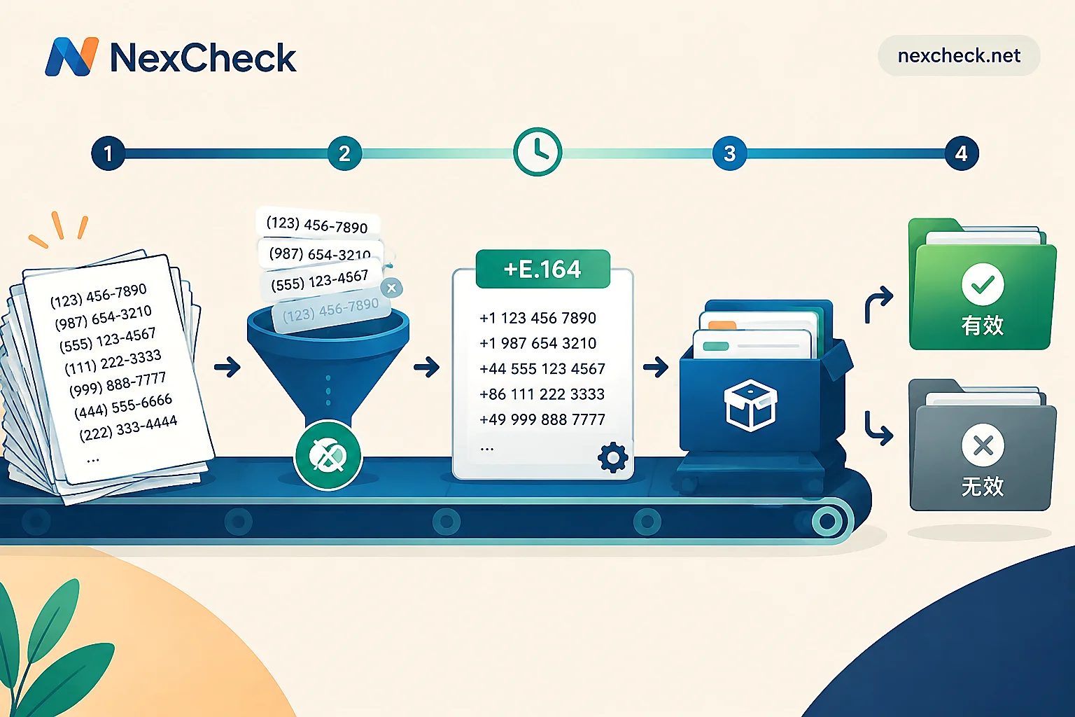 Diagram of a number list processing flow from cleaning, formatting, batching, to grouping and exporting by valid/invalid