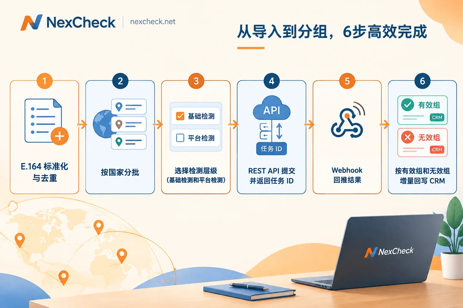 WhatsApp 批量验证 API 的六步处理流程：标准化去重、分批、选层级、异步提交、Webhook 接收、CRM 回写
