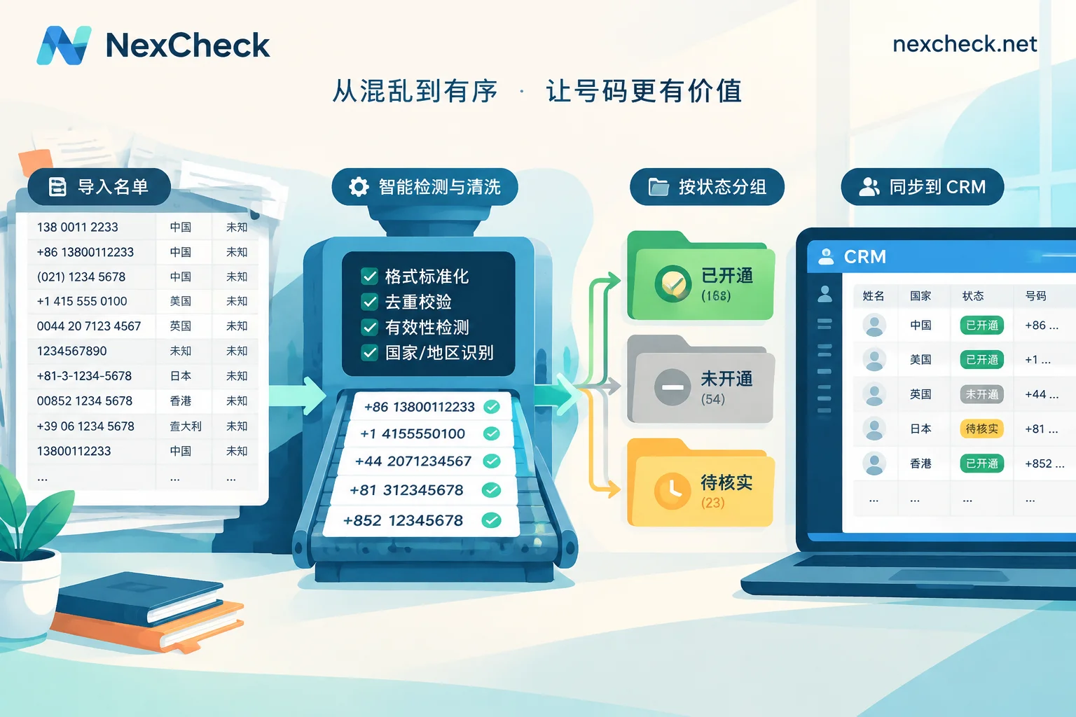 Illustration showing a customer service number list being standardized and activation-checked before being imported into the CRM in groups