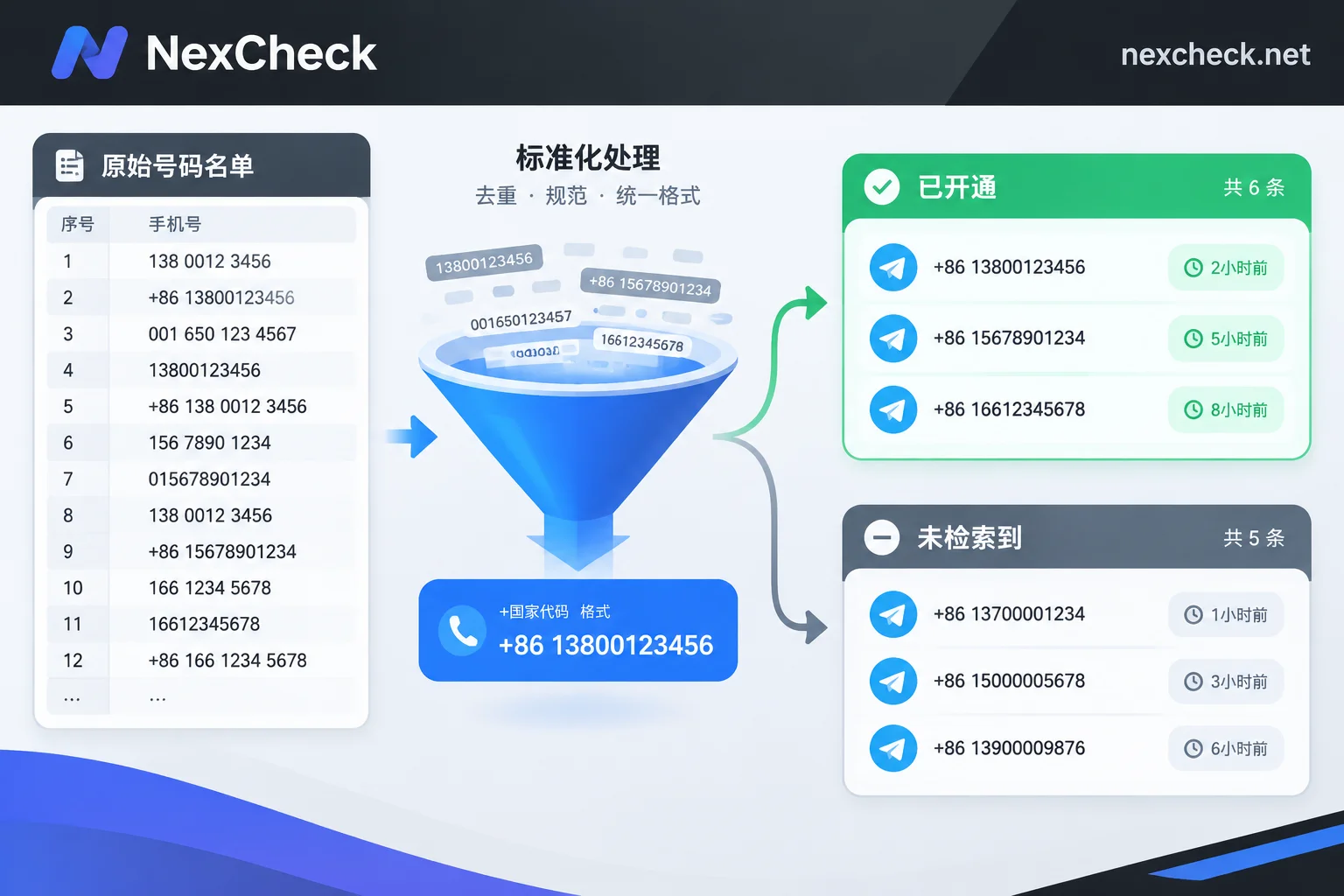 手机号名单经过格式清洗后按Telegram开通状态分组的示意图