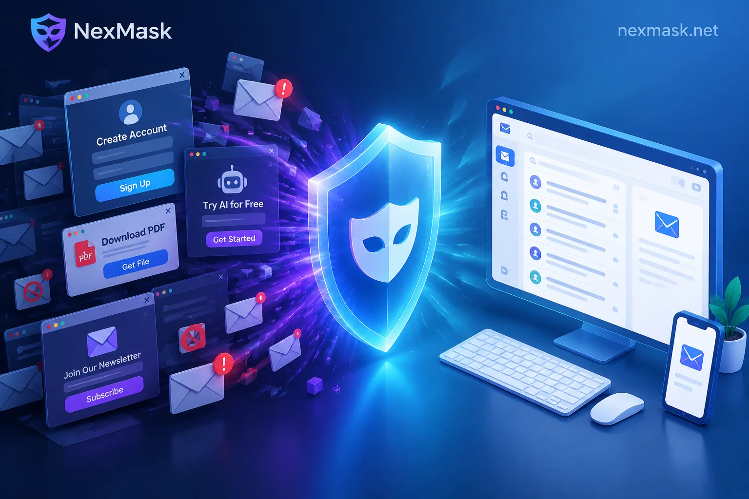NexMask一次性邮箱隔离网站注册墙与垃圾邮件追踪示意图