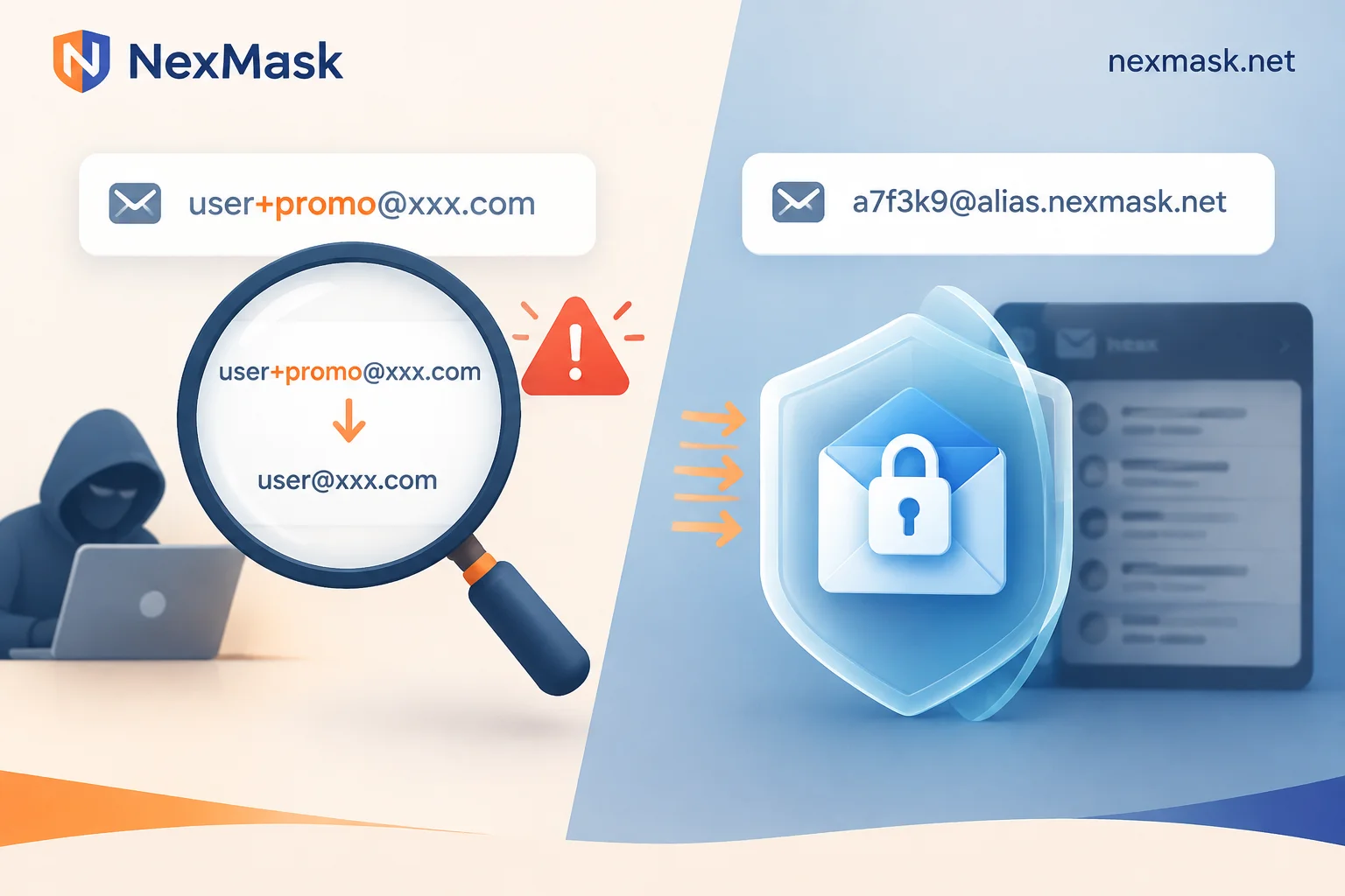 Gmail加号子地址暴露真实邮箱与独立邮箱别名完全隐藏主邮箱的对比图 Gmail加号子地址暴露真实邮箱与独立邮箱别名完全隐藏主邮箱的对比图