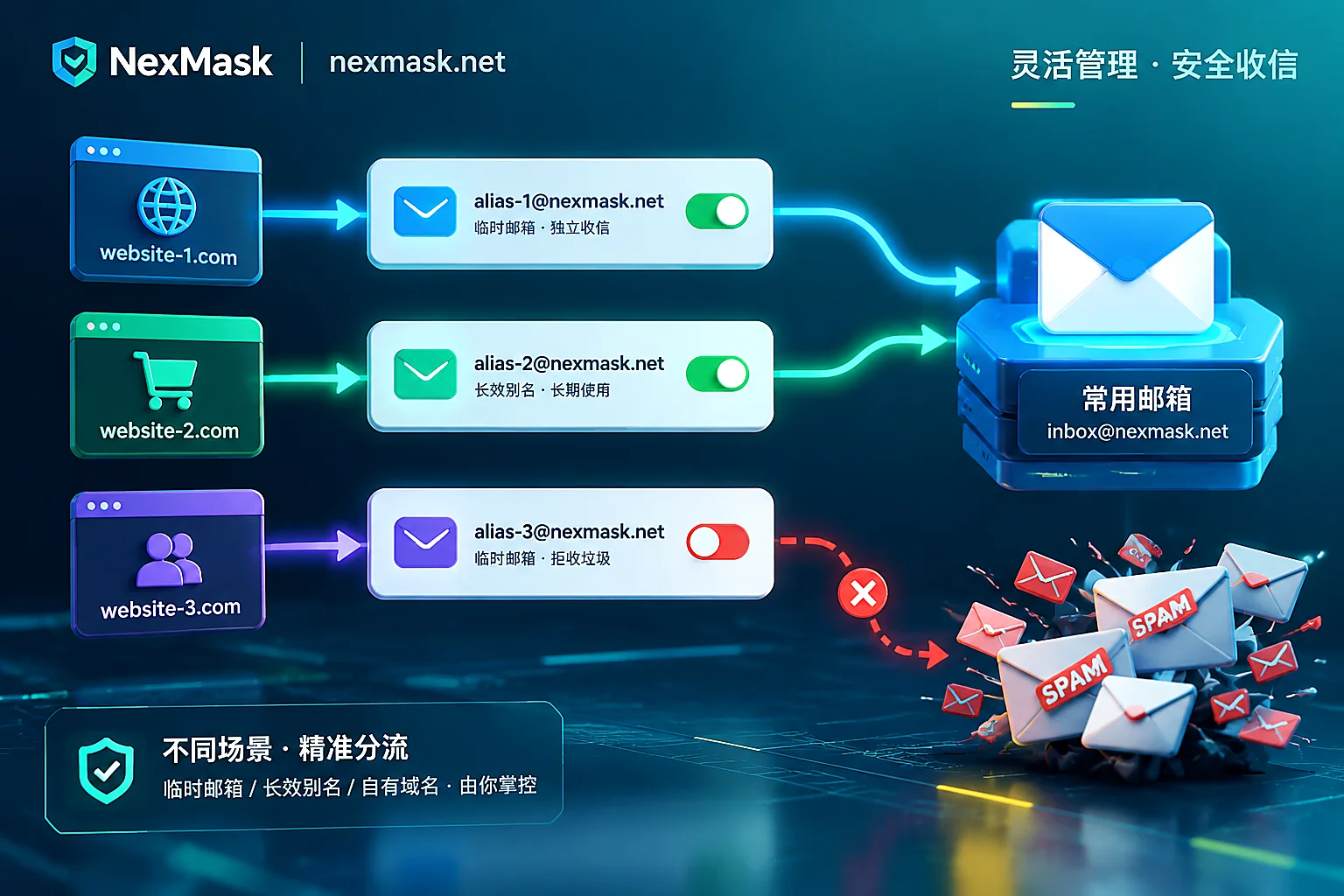 一站一址邮箱别名转发与单独停用拦截垃圾邮件流程图 一站一址邮箱别名转发与单独停用拦截垃圾邮件流程图