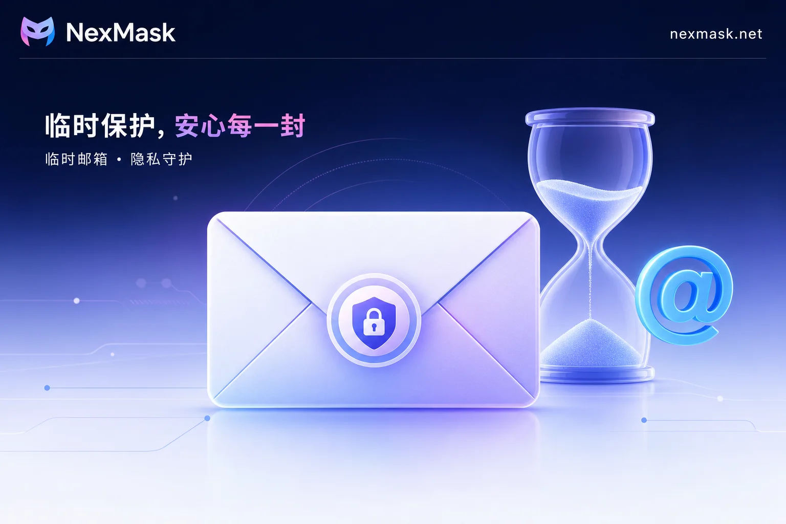 在线临时邮箱封面：信封与沙漏组合，象征到期销毁