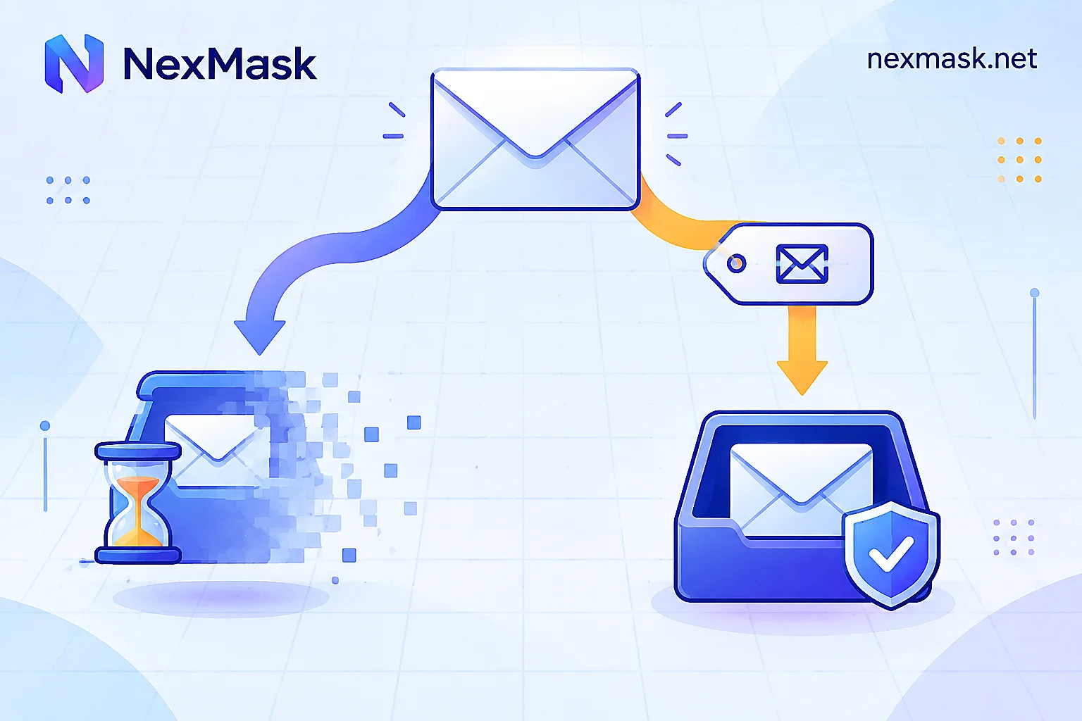 Cover illustration showing two branches of virtual email: disposable inbox and long-lived alias