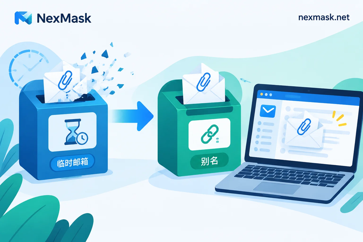临时邮箱附件到期消失与别名转发保留附件的对比示意
