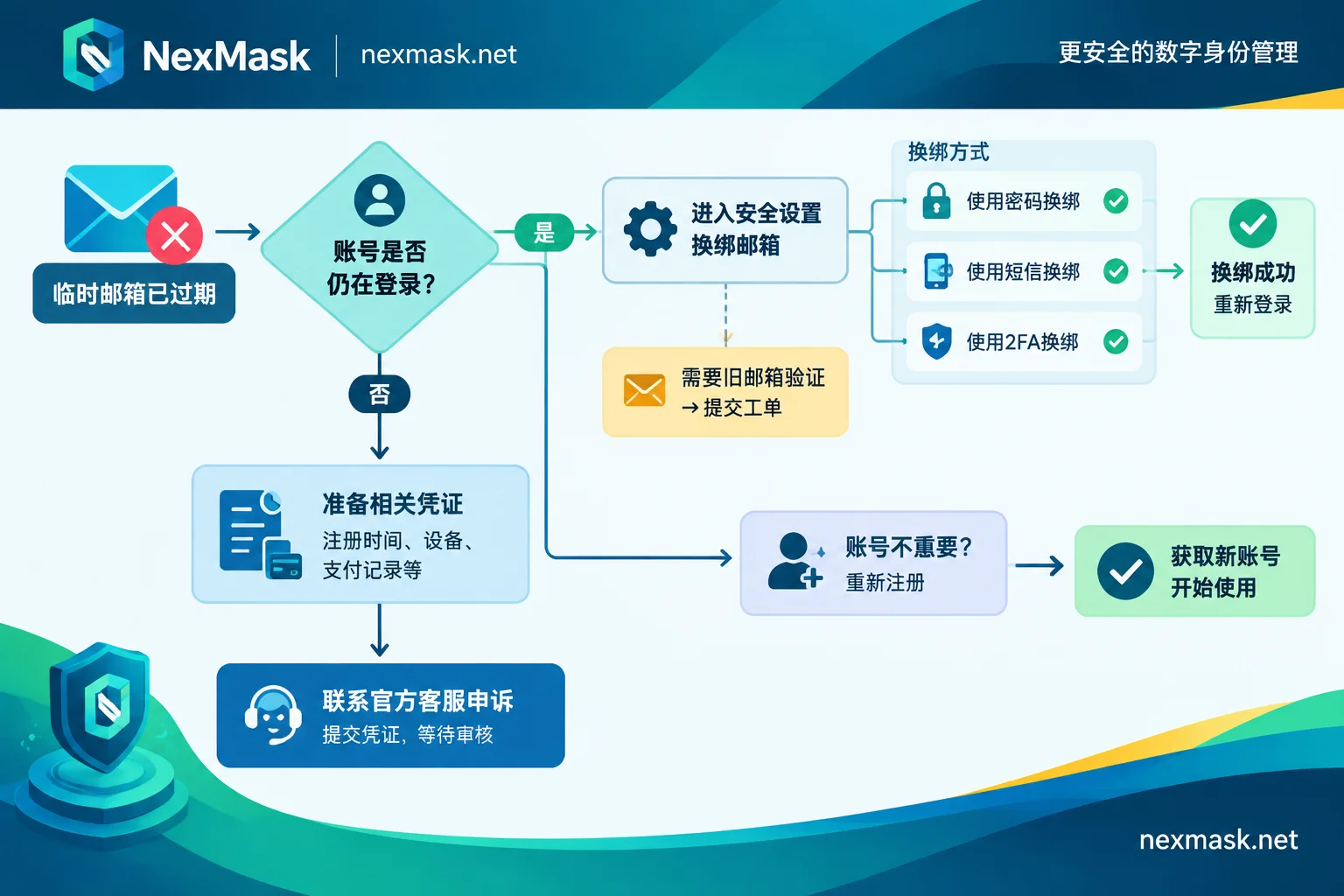 临时邮箱过期后的账号补救流程：先判断是否仍在登录，再选择换绑或客服申诉