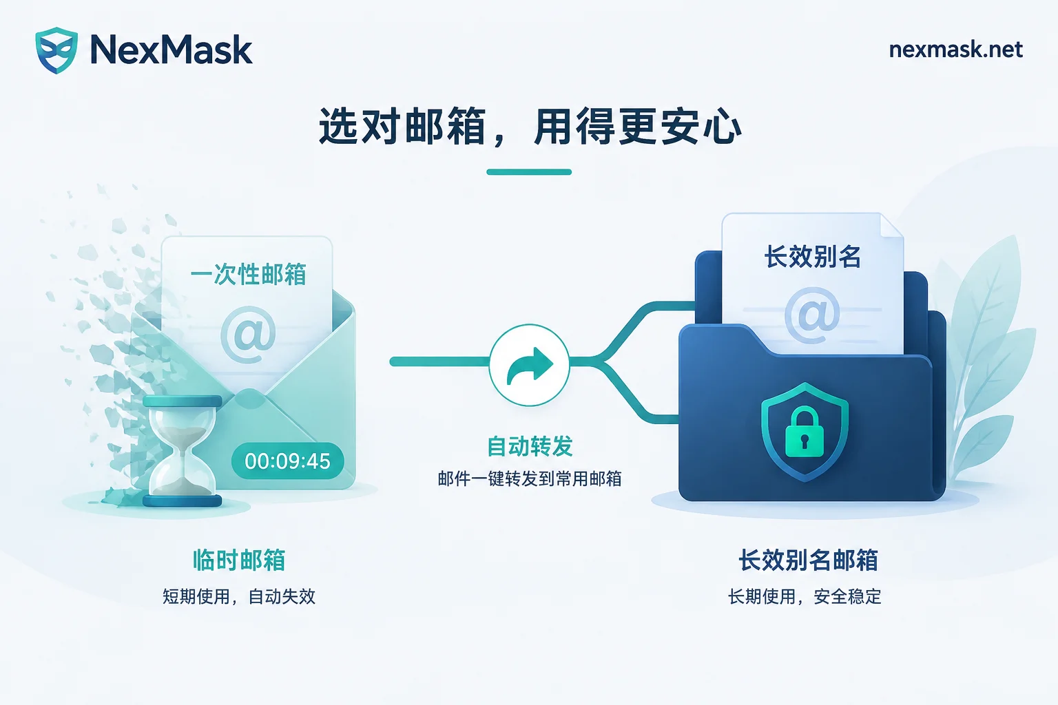 临时邮箱与普通邮箱对比示意：一次性信封逐渐消散，长期邮箱稳固保存，中间是别名转发