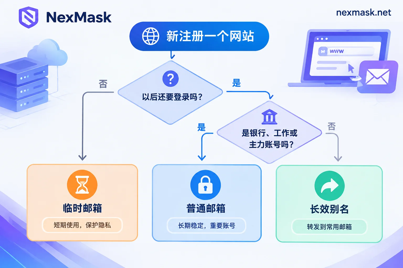 按场景选择邮箱的流程图：一次性用临时邮箱，重要账号用普通邮箱，其他长期账号用长效别名转发