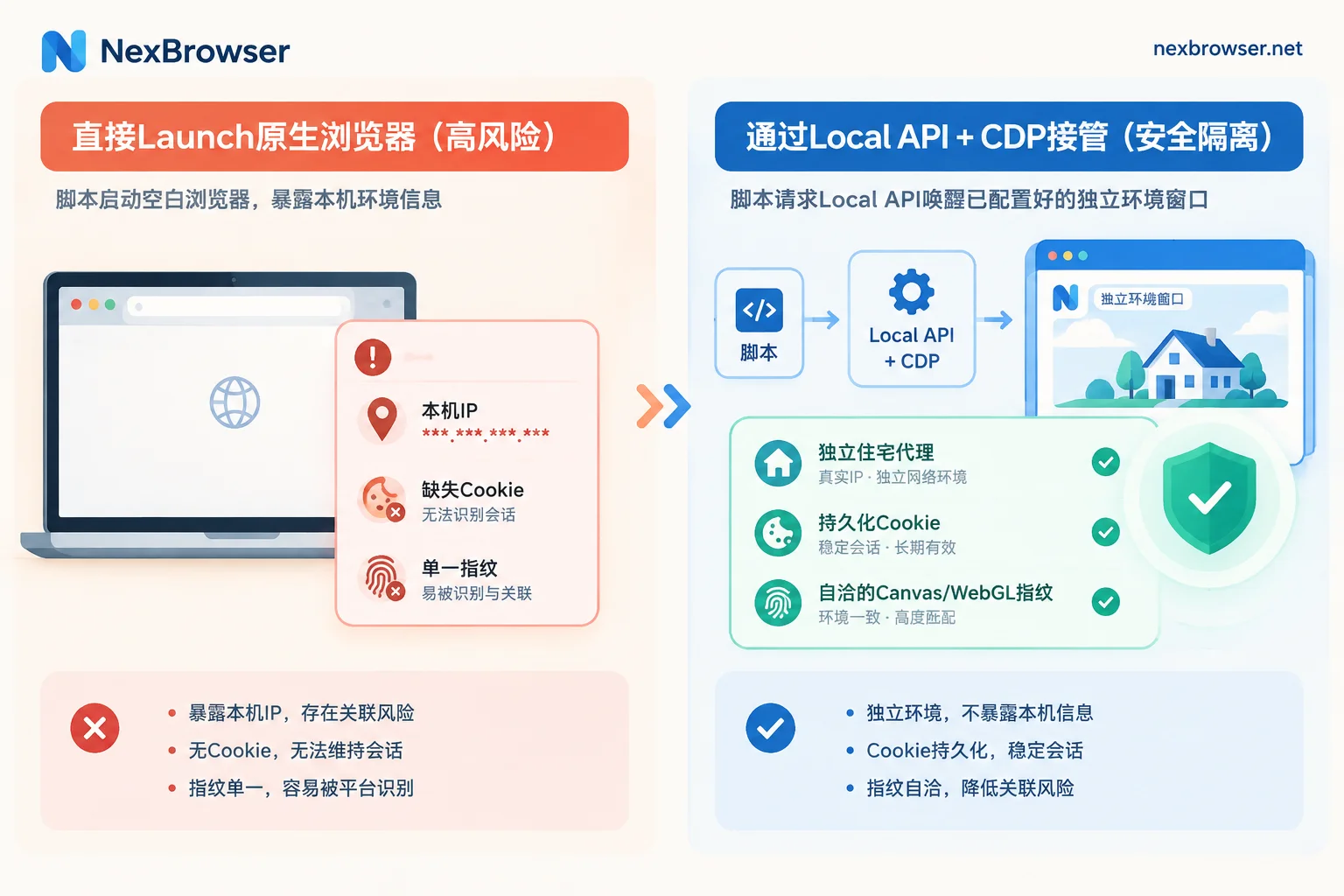 自动化脚本直接启动浏览器与通过指纹浏览器API加CDP接管的对比图