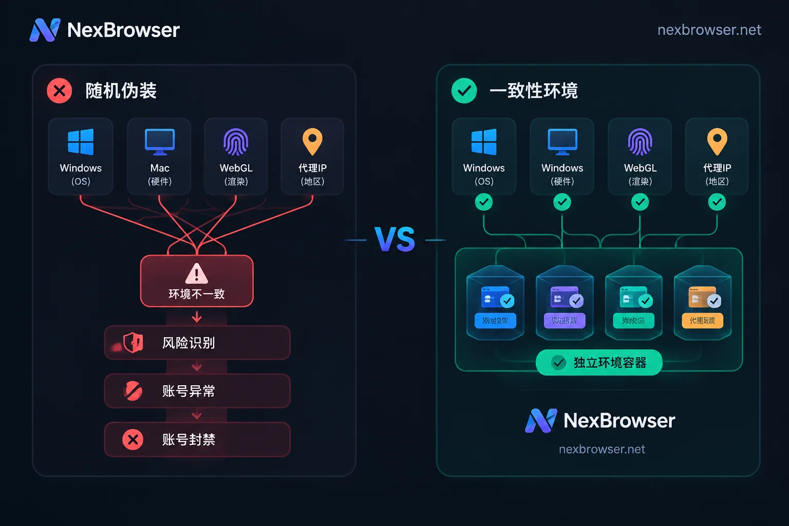 拼凑式伪装引发级联封禁与指纹参数内部自洽的对比示意图