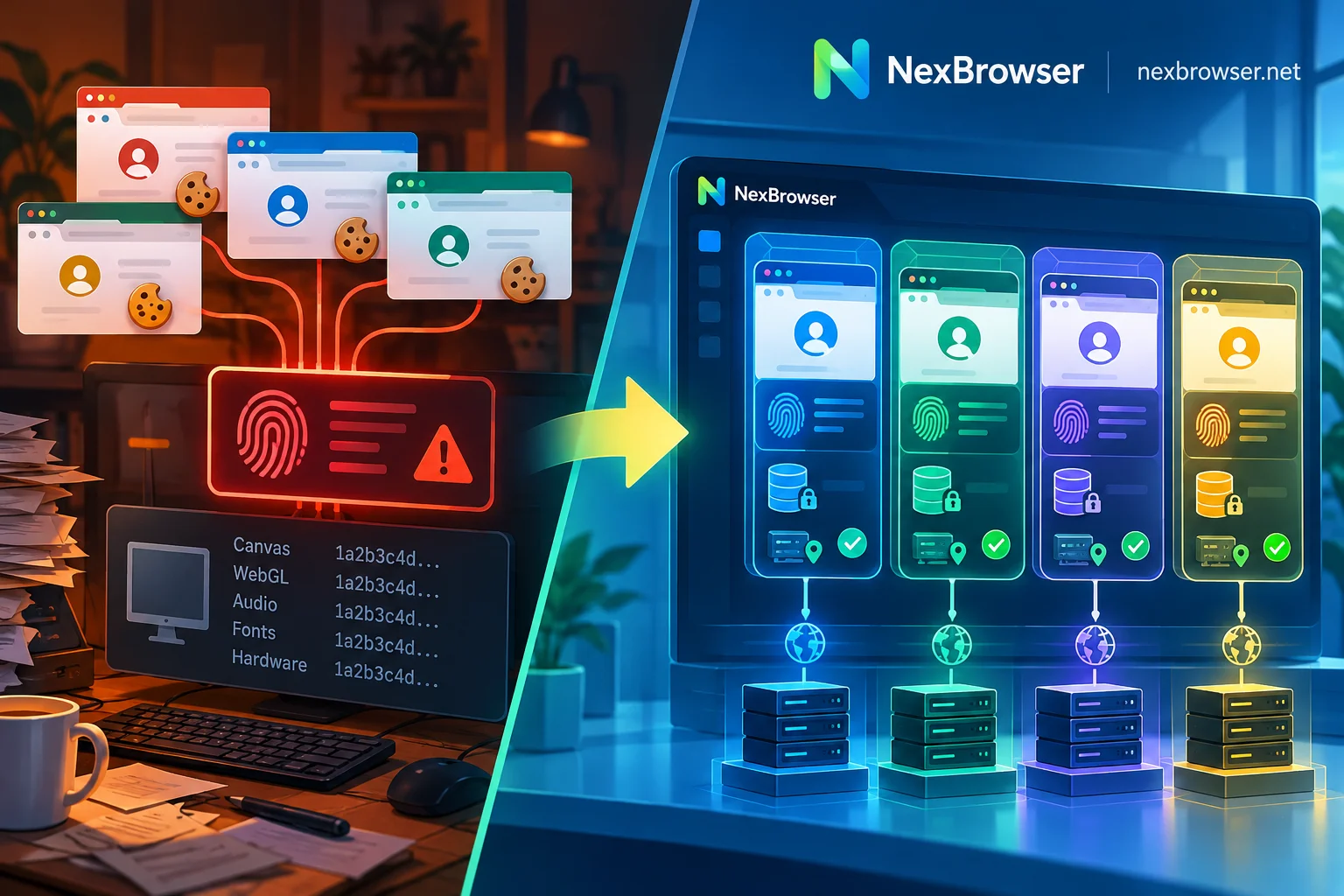 传统多浏览器切号清理缓存与NexBrowser底层环境隔离的对比示意图