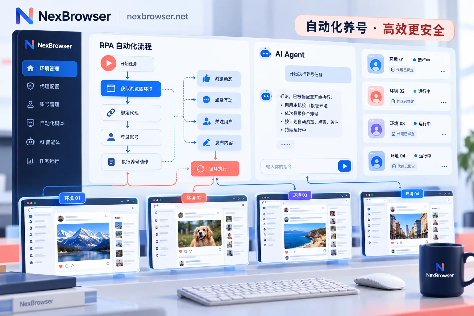 使用NexBrowser的RPA脚本、AI Agent与窗口同步进行Facebook自动化养号 使用NexBrowser的RPA脚本、AI Agent与窗口同步进行Facebook自动化养号